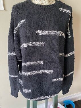 Vintage 90s Claiborne Black Crewneck Sweater with White Stripe Accents